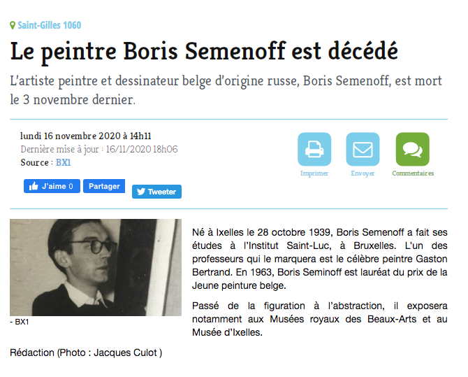 Page Internet. Le peintre Boris Semenoff est décédé. Rédaction (Photo - Jacques Culot). 2020-11-03